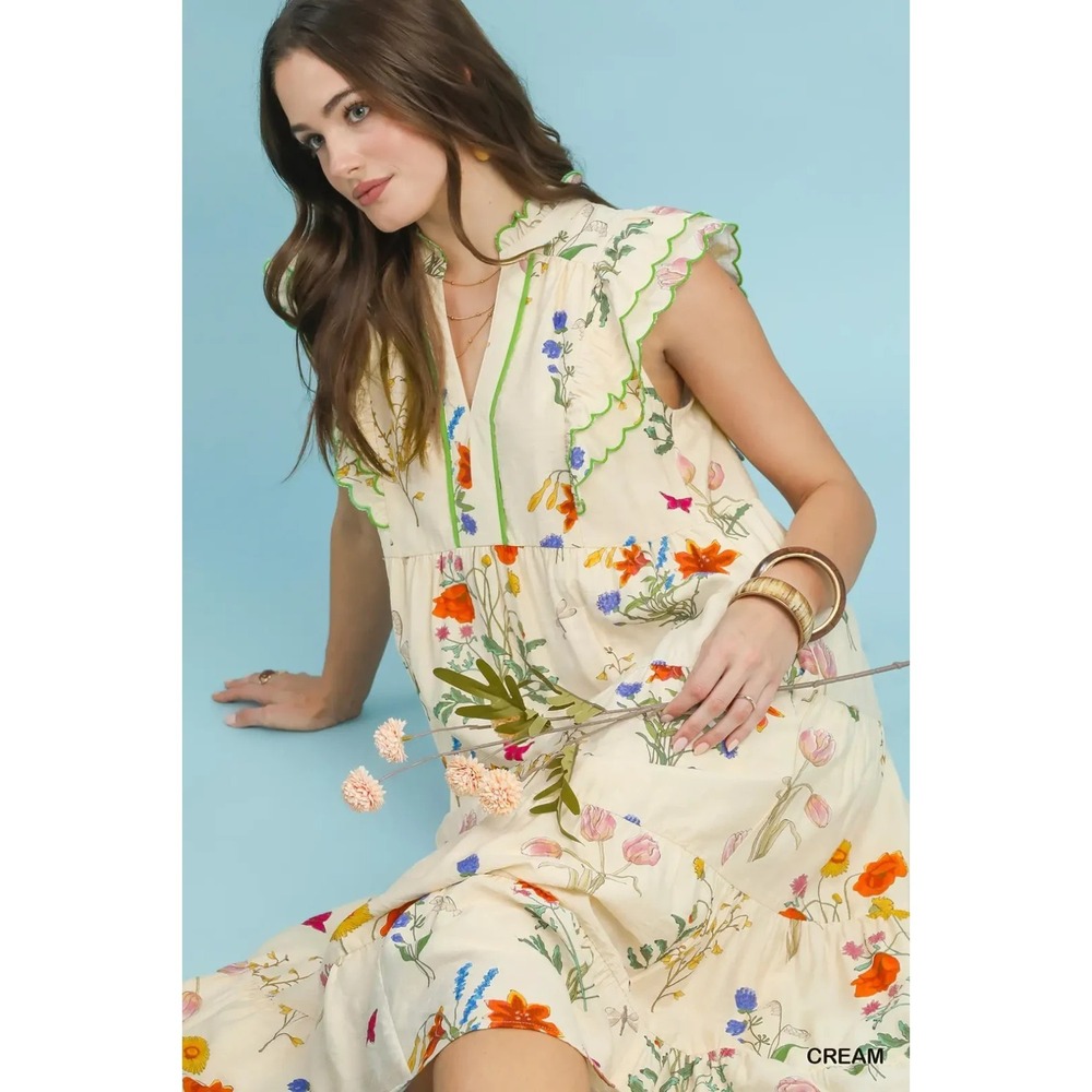 Umgee Floral Ruffle Tiered Midi Dress with Scalloped Detail - Medium - Picture 5 of 7